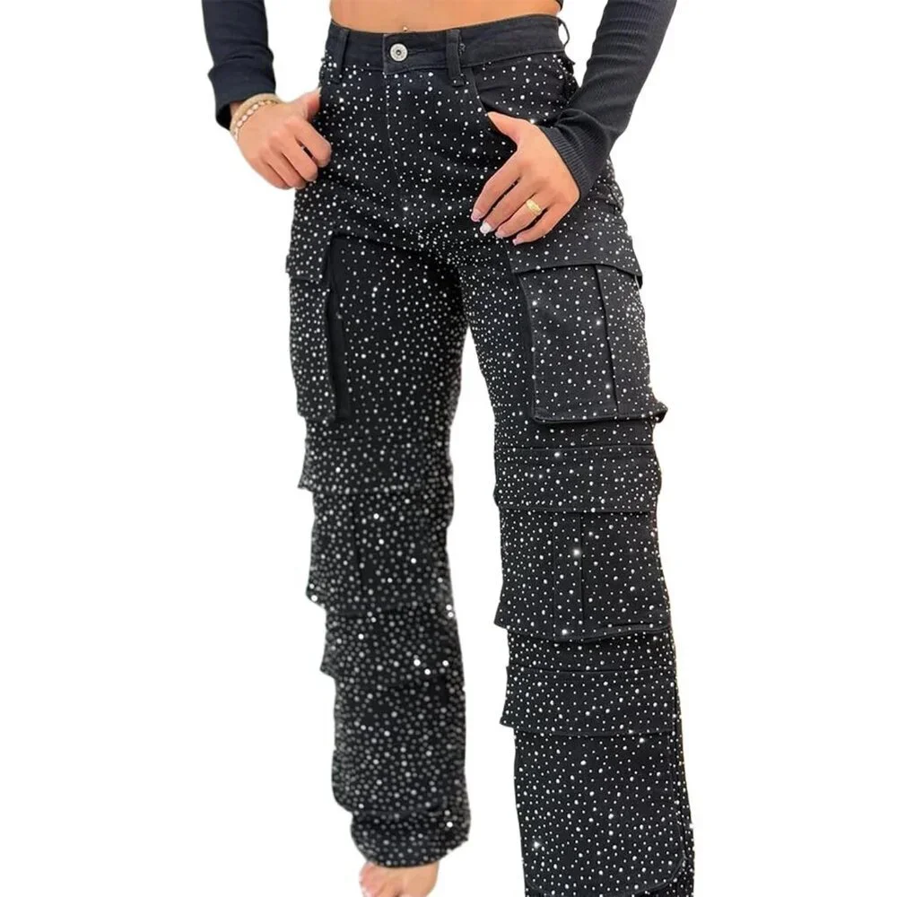 Women's Rhinestone Cargo Jeans High Waist Baggy Wide Leg Denim Pants - Picture 1 of 6